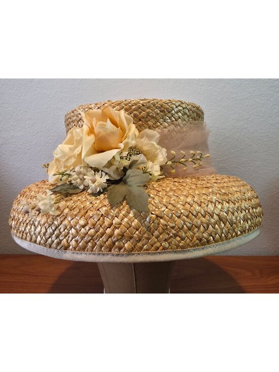 Eric Javits Accessories - Vtg Lily J x Eric Javits Kettle Brim Straw Hat w/ Yellow Floral Accent 7-1/8